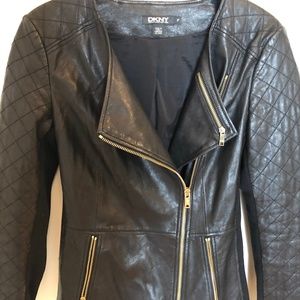 DKNY Black Leather Jacket with Gold Zippers